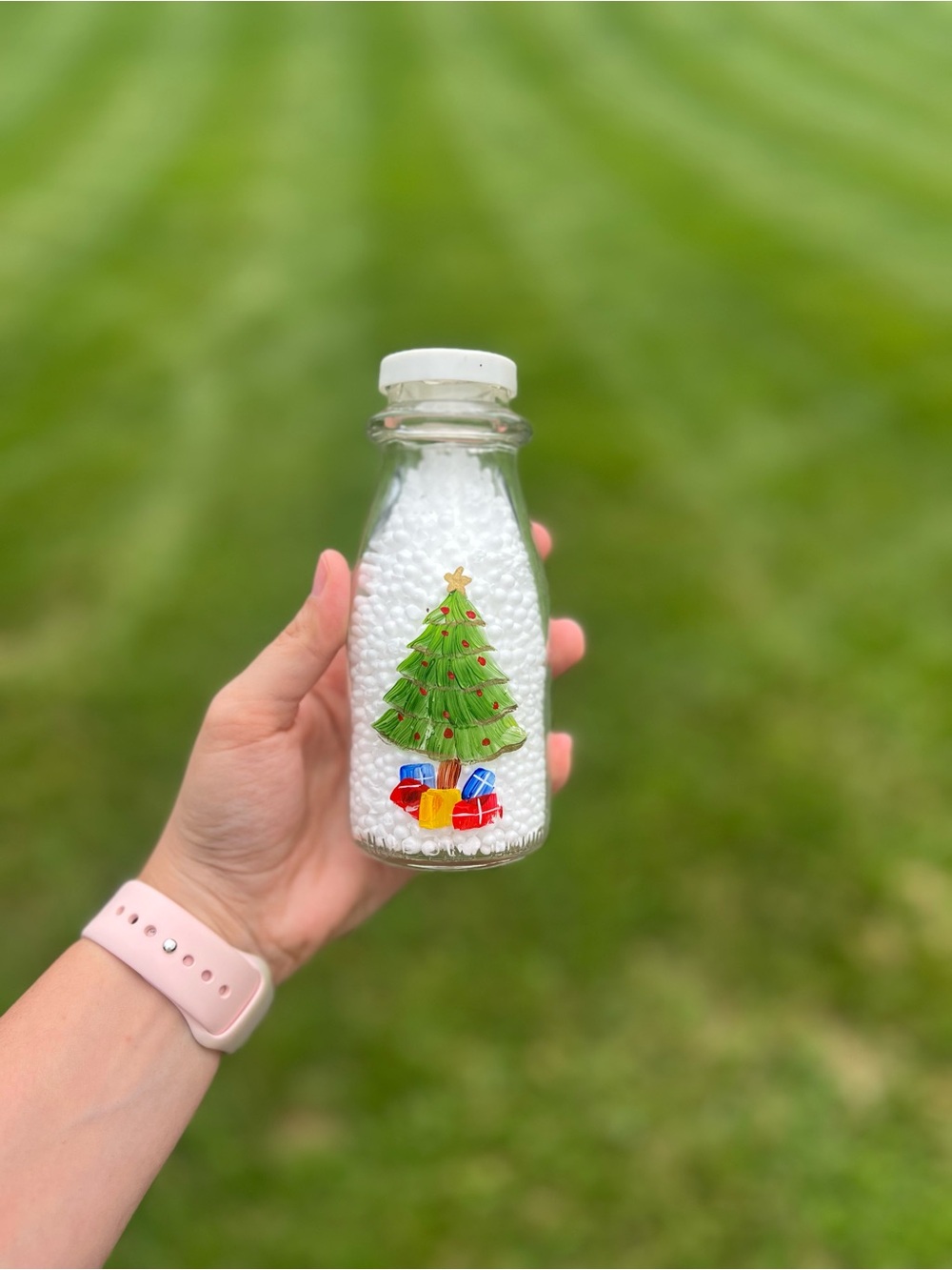 Homemade Hand Painted Holiday Snow Jar Christmas Tree Design Milk Bottle Lid